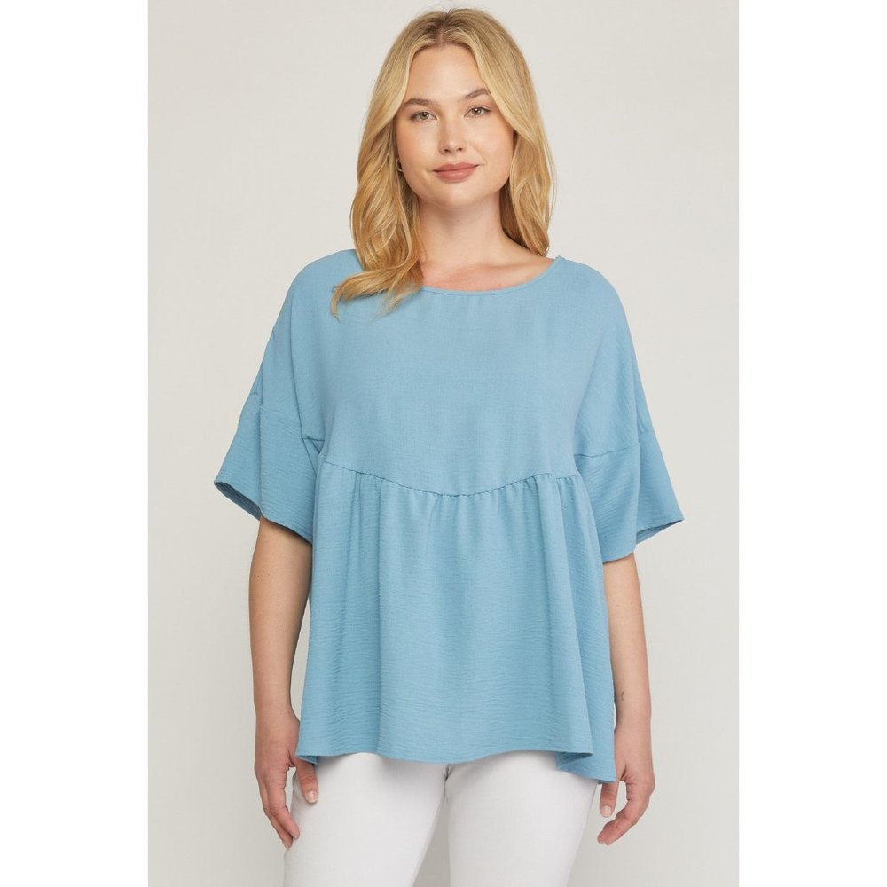 Entro Round Neck Babydoll Top, Blue - Picture 2 of 7